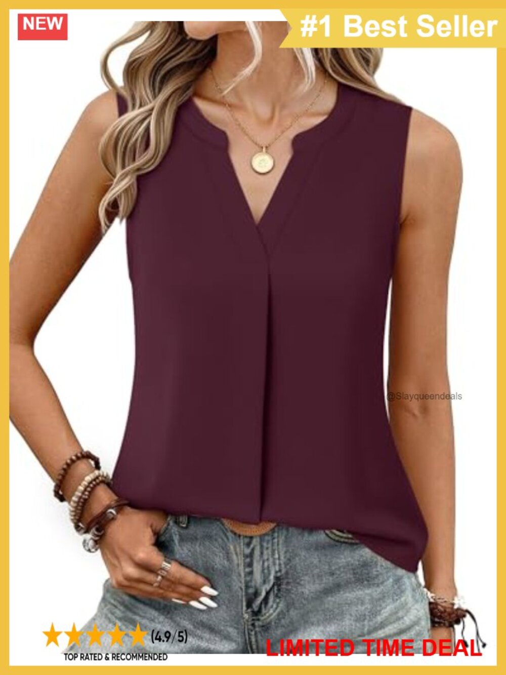 Sleeveless Chiffon V Neck Blouse Pleated Front Curved Hem